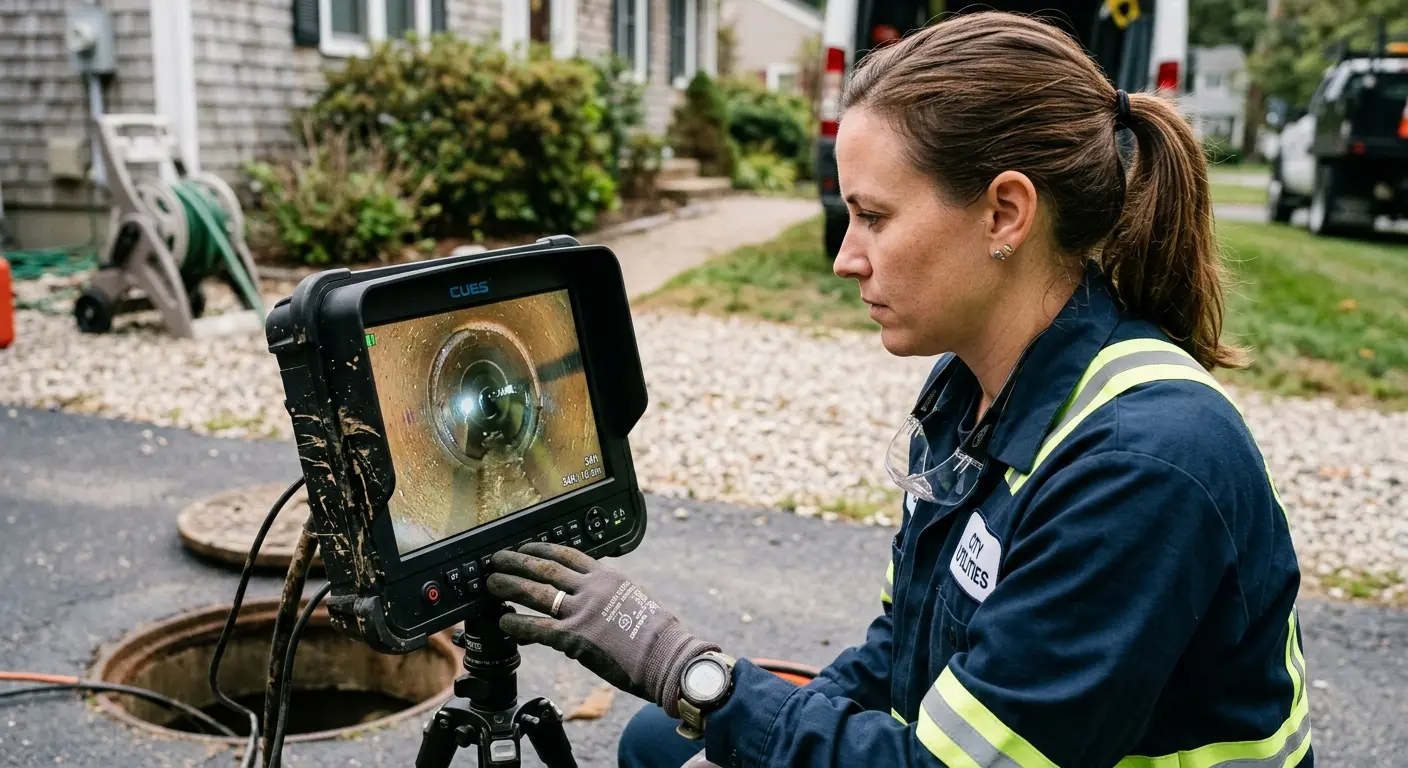 Technician reviewing sewer camera inspection footage in Savage
