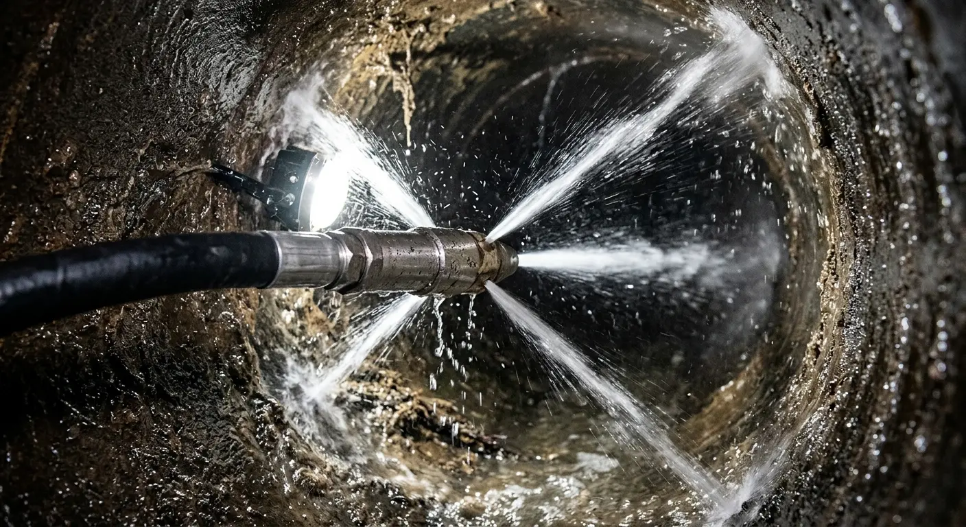 High-pressure hydro jetting nozzle cleaning sewer pipe for Trenchless Sewer Repair in Savage