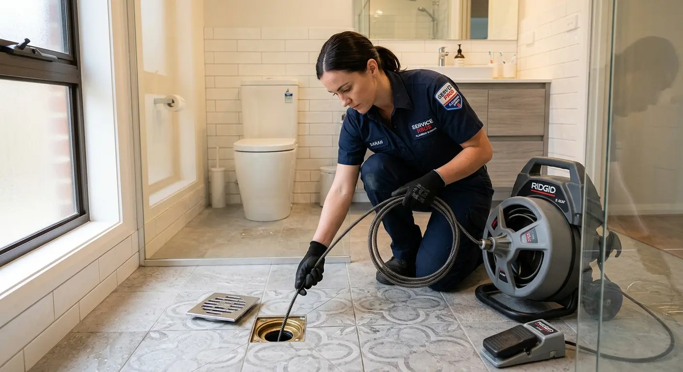 Technician clearing a bathroom floor drain for Drain Cleaning in Savage
